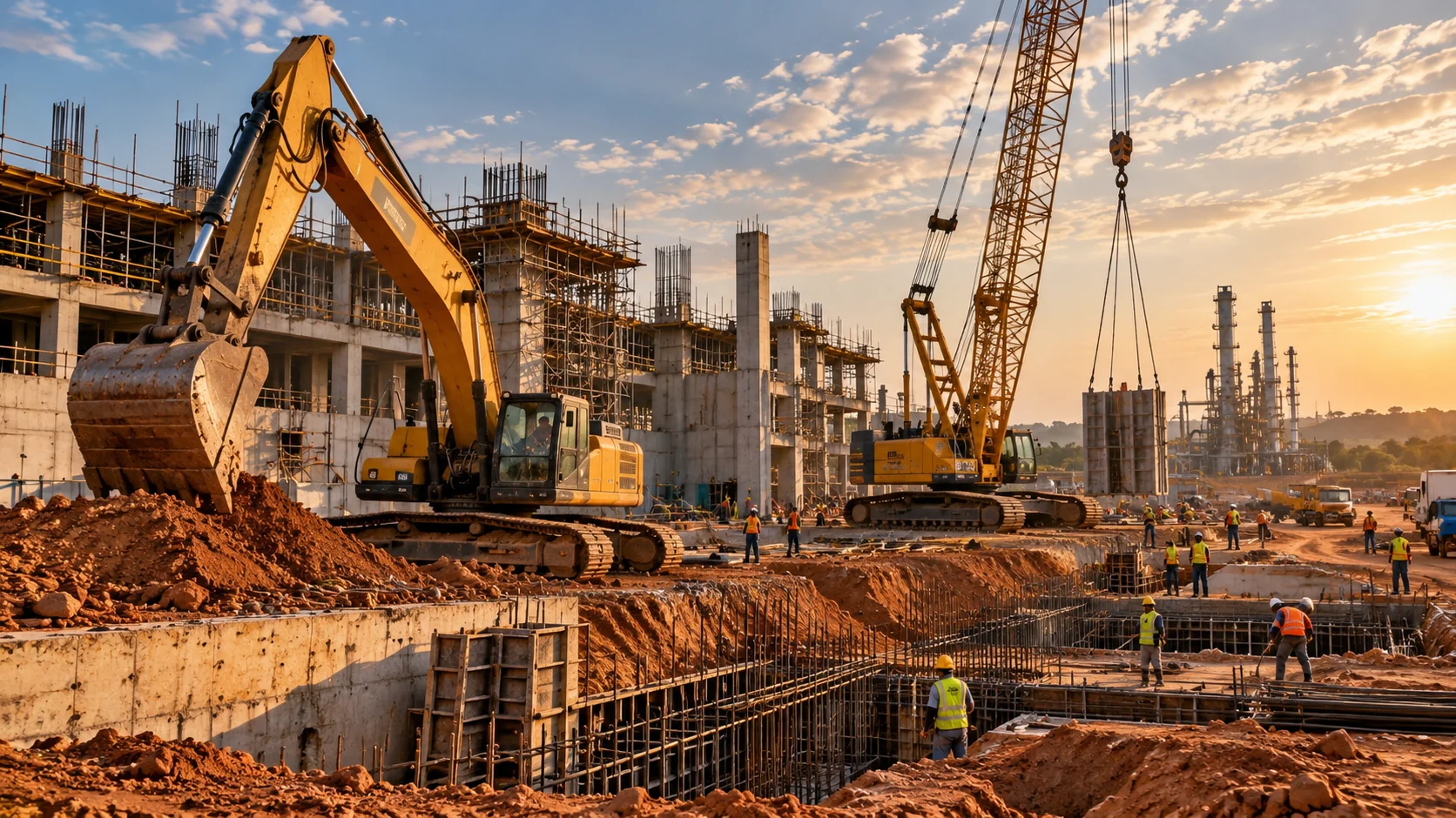 Civil engineering construction site with cranes and excavators