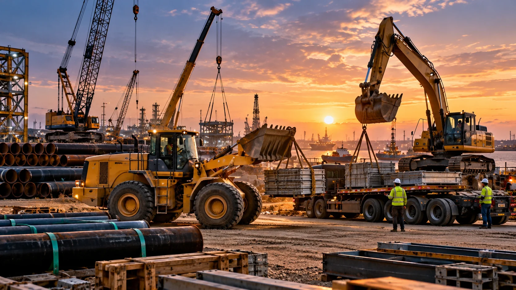 Heavy equipment, loaders and cranes at an industrial logistics yard
