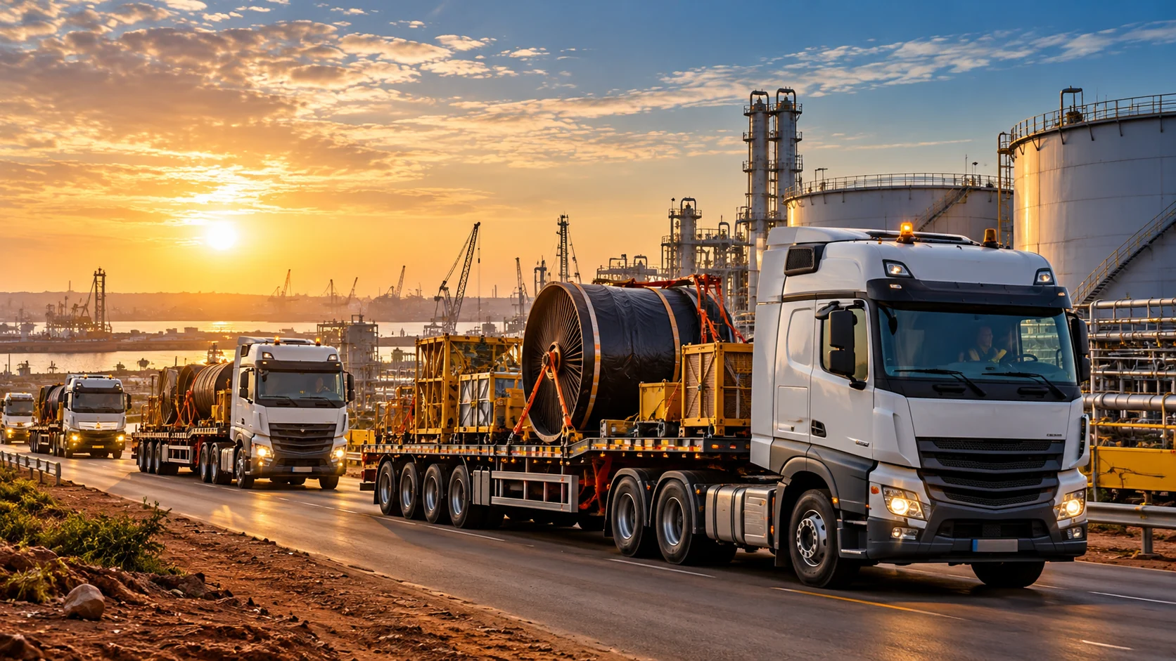 Heavy haulage trucks transporting industrial cargo near a refinery