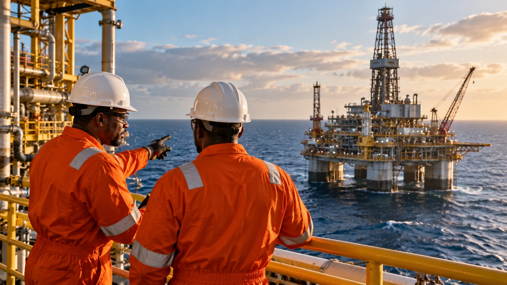 Engineers reviewing an offshore energy installation